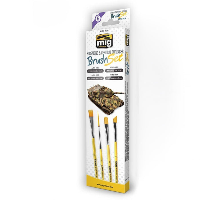 AMMO by Mig 7604 Streaking & Vertical Surfaces Brush Set: Synthetic Angle, Saw, Filbert, Liner