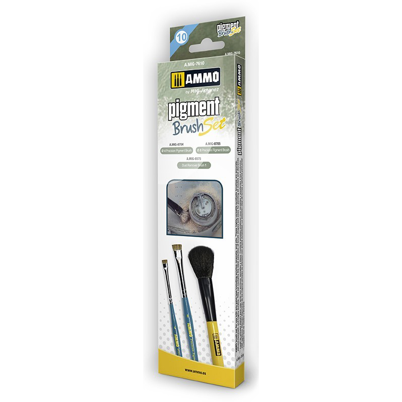 AMMO by Mig 7610 Pigment Brush Set: Short Hair Flat 4, 8 & Dust Remover