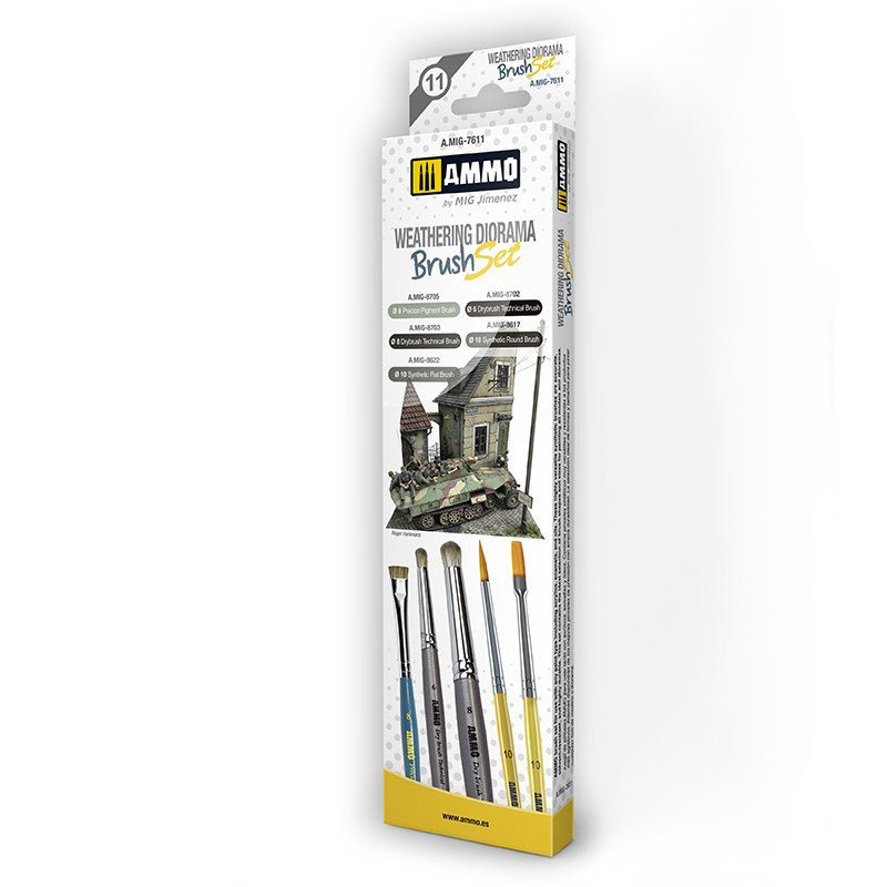 AMMO by Mig 7611 Weathering Diorama Brush Set: Drybrushes, Pigment, Flat, Round
