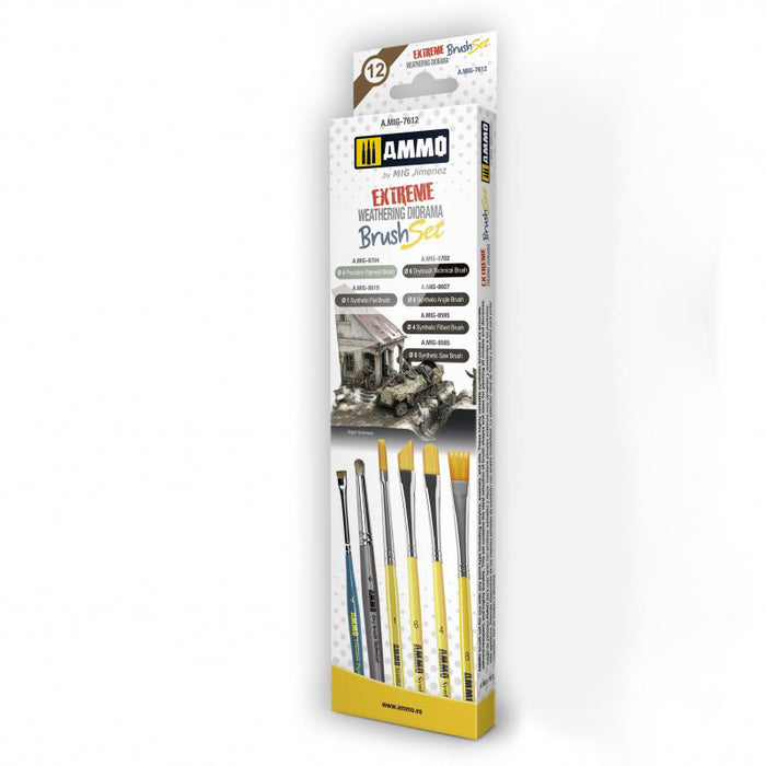AMMO by Mig 7612 Extreme Weathering Diorama Brush Set: Drybrush, Pigment, Flat, Angle, Filbert, Saw
