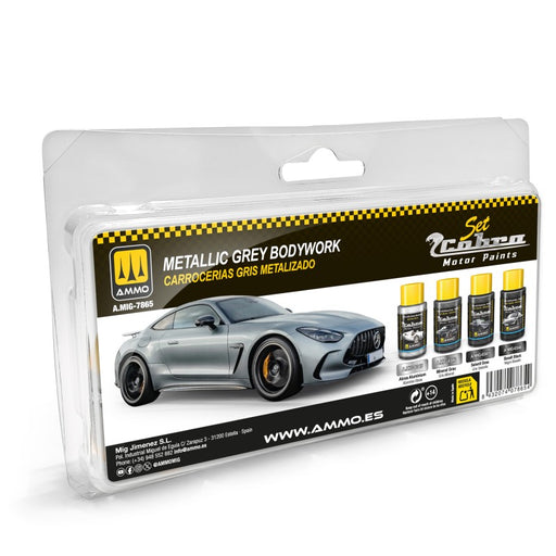 AMMO by Mig 7865 Cobra Motor: Metallic Grey Bodywork Acrylic Lacquer Paint Set (4 Colors) 30ml Bottles