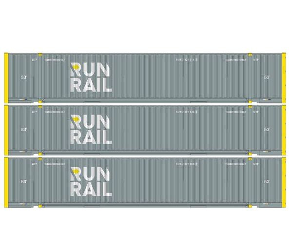 Athearn 1174 HO Scale 53' Jindo Intermodal Container Run Rail RUNU 3-Pack