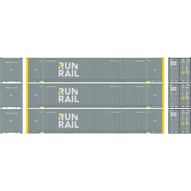 Athearn 1174 HO Scale 53' Jindo Intermodal Container Run Rail RUNU 3-Pack