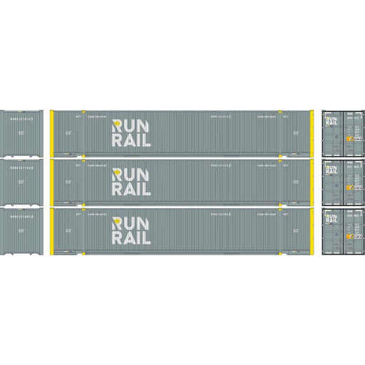 Athearn 1174 HO Scale 53' Jindo Intermodal Container Run Rail RUNU 3-Pack