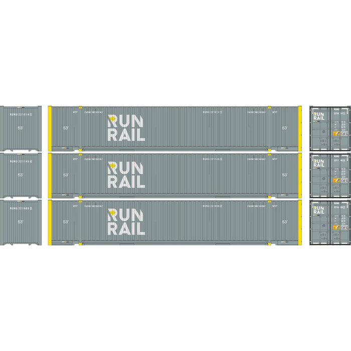 Athearn 1174 HO Scale 53' Jindo Intermodal Container Run Rail RUNU 3-P ...