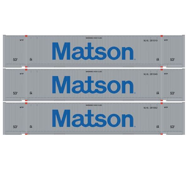 Athearn 1210 HO Scale 53' Jindo Intermodal Container Matson MLHU 3-Pack
