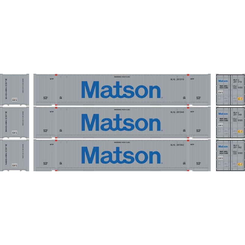 Athearn 1210 HO Scale 53' Jindo Intermodal Container Matson MLHU 3-Pack
