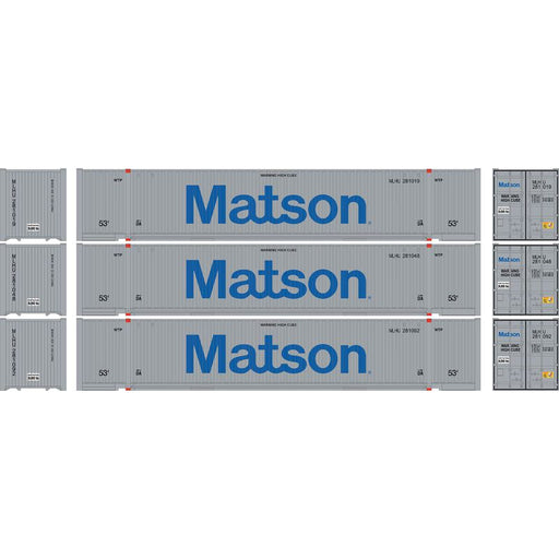 Athearn 1210 HO Scale 53' Jindo Intermodal Container Matson MLHU 3-Pack