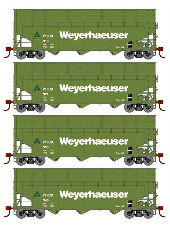 Athearn RTR 1276 HO Scale 40' Woodchip Hopper w/Load Weyerhaeuser WTCX 4-Pack #2