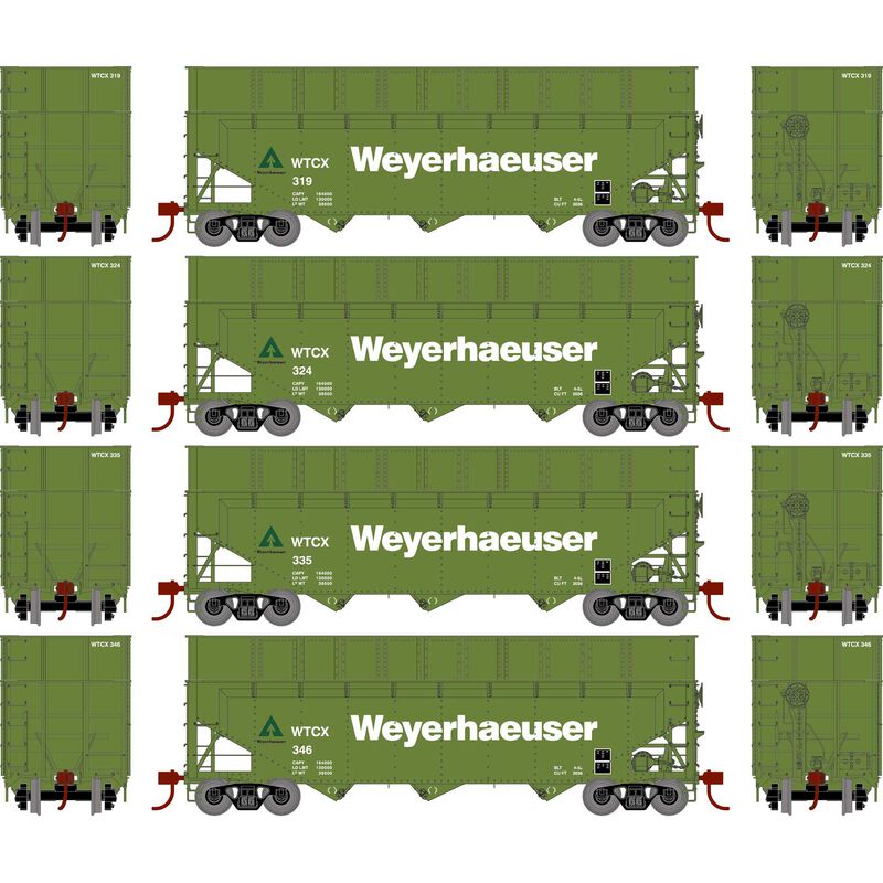 Athearn RTR 1276 HO Scale 40' Woodchip Hopper w/Load Weyerhaeuser WTCX 4-Pack #2
