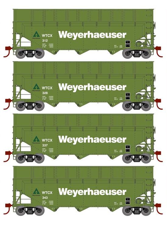 Athearn RTR 1278 HO Scale 40' Woodchip Hopper w/Load Weyerhaeuser WTCX 4-Pack #1
