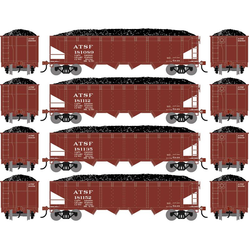 Athearn RTR 1570 HO Scale 40' 4-Bay Offset Hopper W/Load Santa Fe ATSF 4-Pack #1