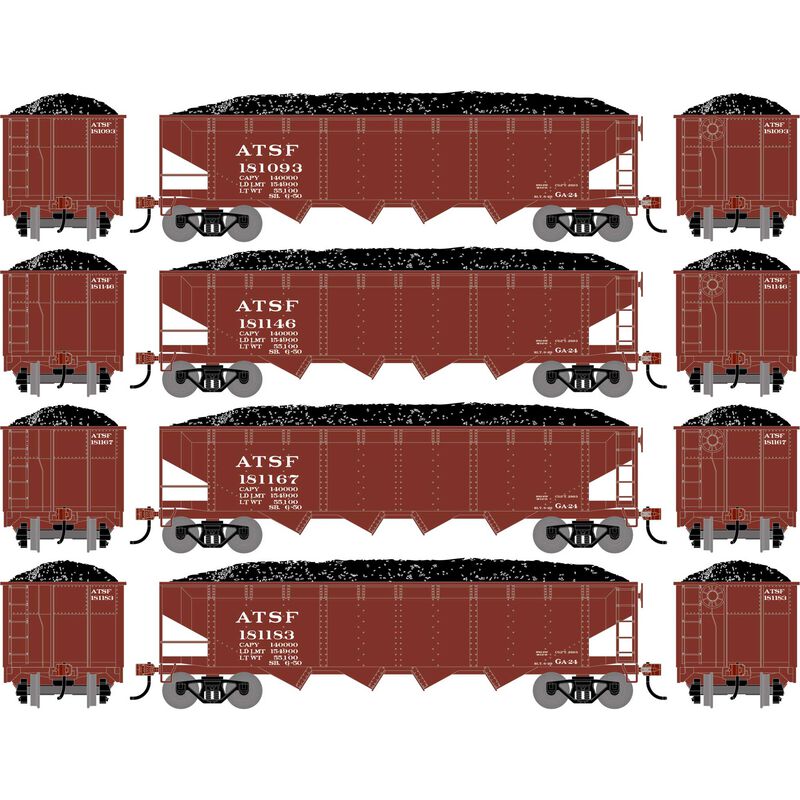 Athearn RTR 1571 HO Scale 40' 4-Bay Offset Hopper W/Load Santa Fe ATSF 4-Pack #2
