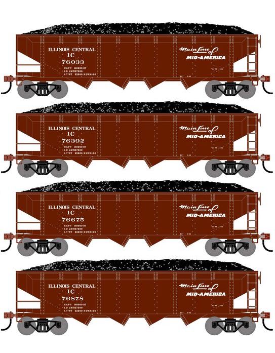 Athearn RTR 1583 HO Scale 40' 4-Bay Offset Hopper W/Load Illinois Central IC 4-Pack #2