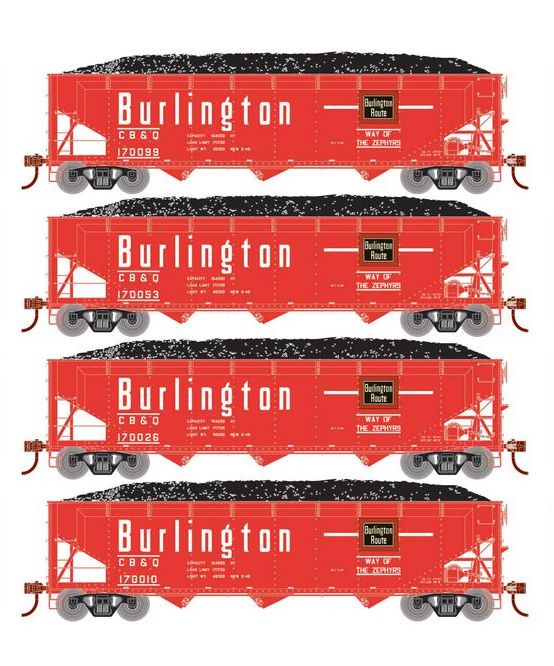 Athearn RTR 33081 HO Scale 40' Offset Coal Hopper W/Load Burlington CB&Q 4-Pack #1