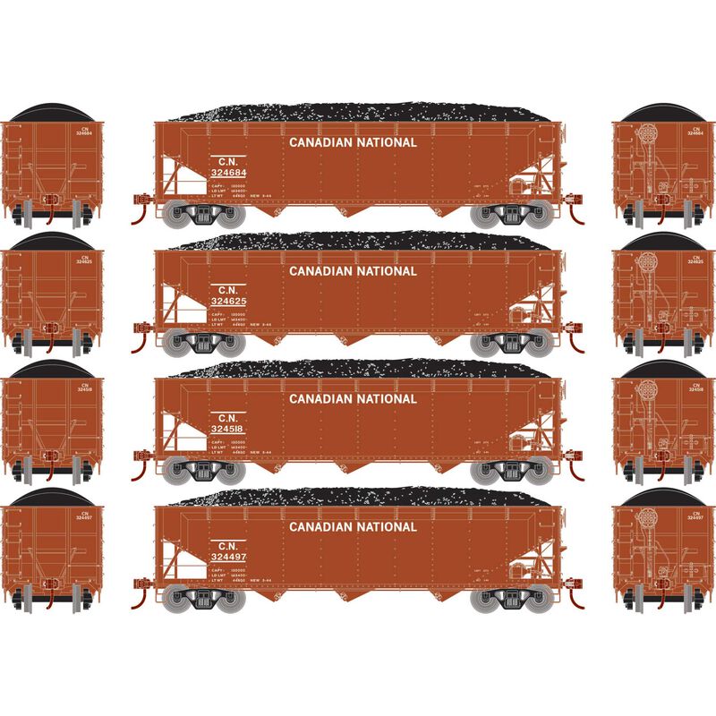 Athearn RTR 33084 HO Scale 40' Offset Coal Hopper W/Load Canadian National CN 4-Pack #1