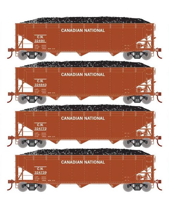 Athearn RTR 33085 HO Scale 40' Offset Coal Hopper W/Load Canadian National CN 4-Pack #2