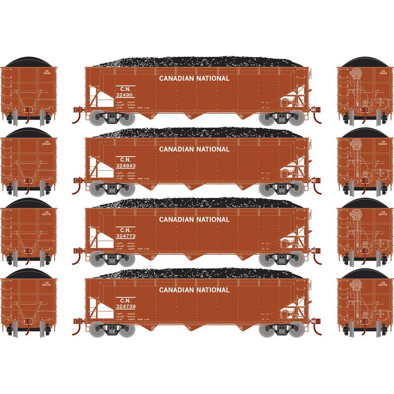 Athearn RTR 33085 HO Scale 40' Offset Coal Hopper W/Load Canadian National CN 4-Pack #2