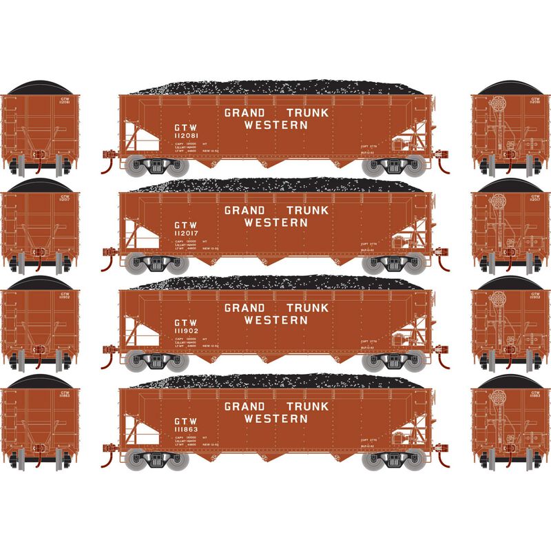 Athearn RTR 33088 HO Scale 40' Offset Coal Hopper W/Load Grand Trunk Western GTW 4-Pack #2