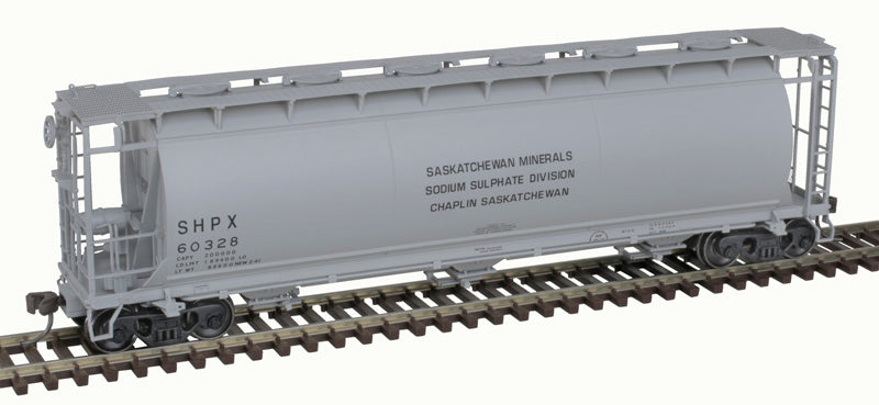 Atlas HO Scale 3 Bay Cylindrical Covered Hopper Saskatchewan Minerals SHPX