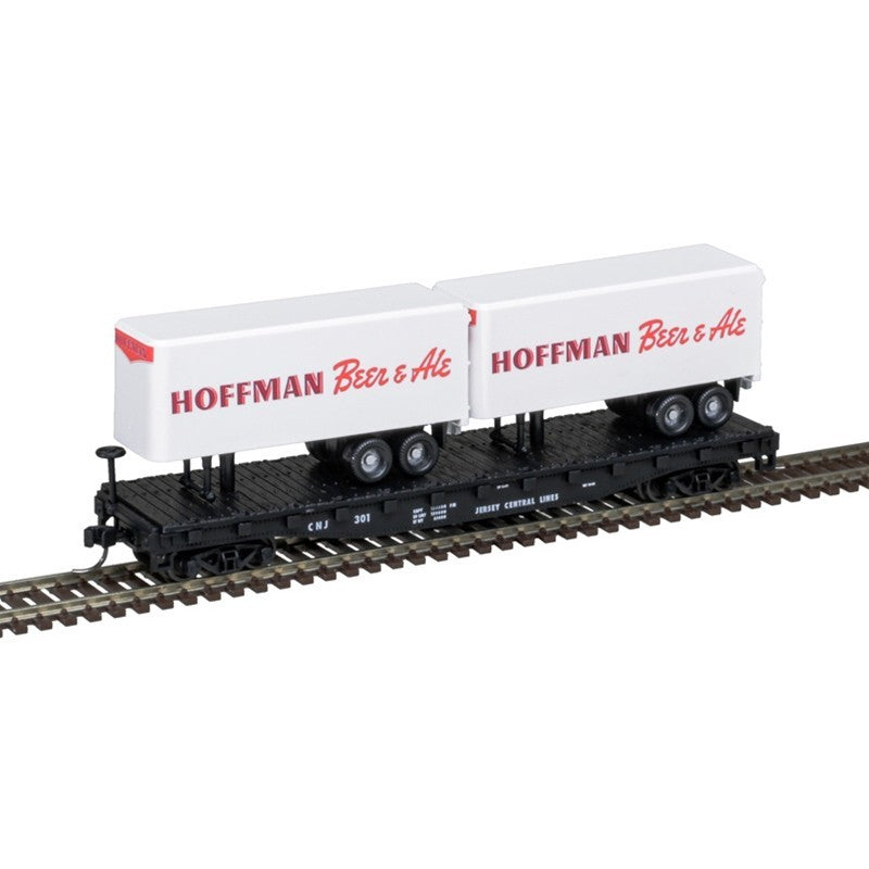 Atlas Trainman N Scale 50' Piggyback Flatcar with Trailers CNJ / Hoffman Beer