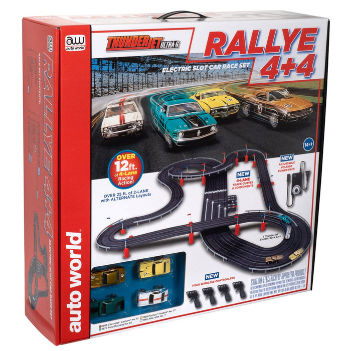 Auto World SRS348 HO Scale Rallye 4+4 Over 12′ of 4 Lane Racing Action Slot Car Race Set
