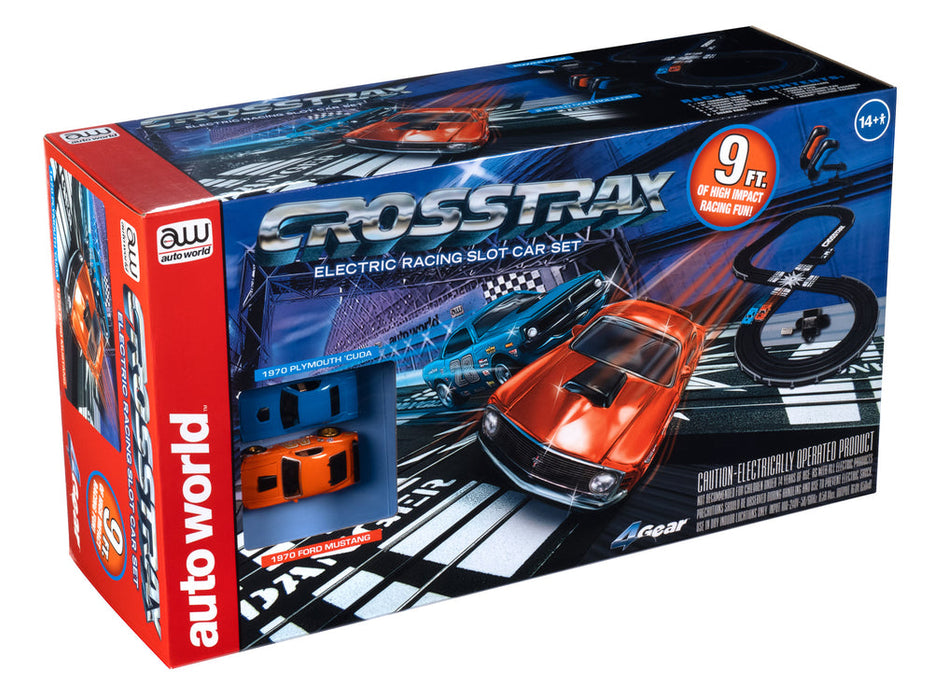Auto World SRS351 HO Scale 1970 CrossTrax Road Course 9′ Slot Car Race Set