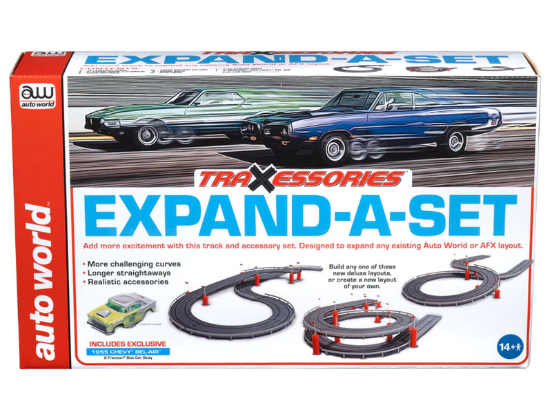 Auto World TRX112 HO Scale 7′ Track & Accessory Expand-A Set with XT 1955 Chevy Bel Air Gasser