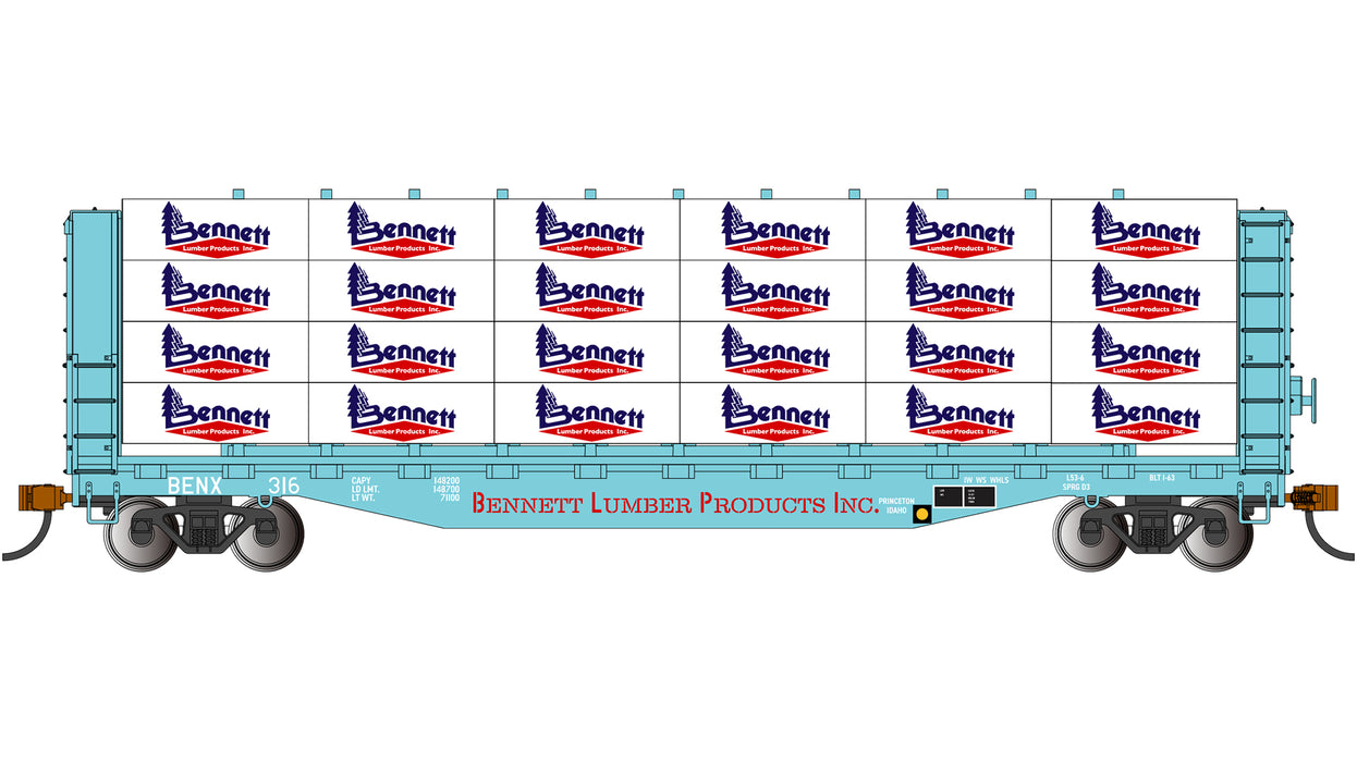 Bachmann 12925 HO Scale 52' Centerbeam Flatcar Bennett Lumber Products 316