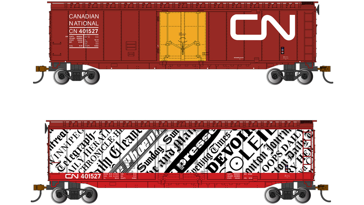Bachmann 18023 HO Scale 50' Plug Door Boxcar Canadian National CN 401527 (Two Sided Newsprint Scheme)