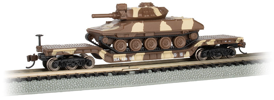 Bachmann 71387 N Scale 52' Center Depressed Flatcar with Sheridan Tank - Desert Camo