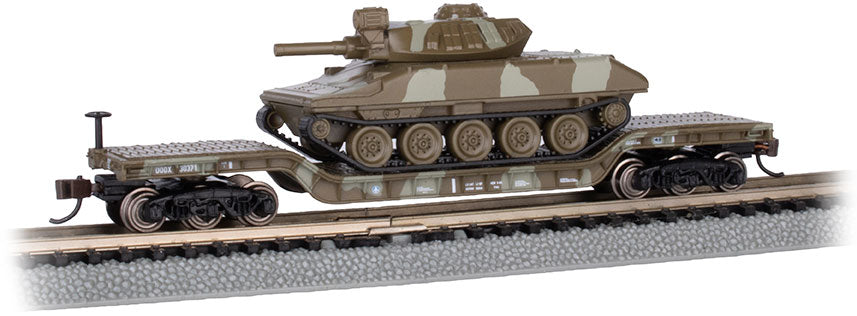 Bachmann 71388 N Scale 52' Center Depressed Flatcar with Sheridan Tank - Green Camo