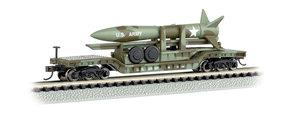 Bachmann 71396 N Scale 52' Center Depressed Flatcar with Missile Launcher - Olive Drab