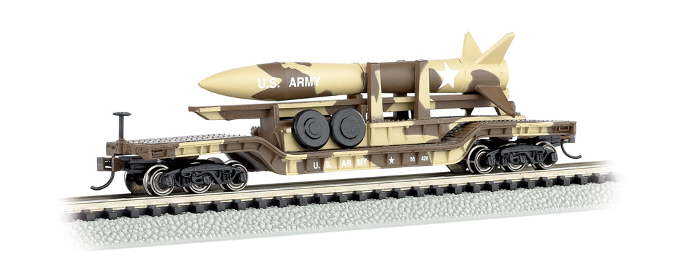 Bachmann 71397 N Scale 52' Center Depressed Flatcar with Missile Launcher - Desert Sand