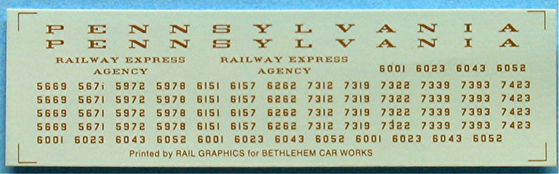 Bethlehem Car Works 214 HO Scale Pennsylvania Baggage Car Bronze Decals