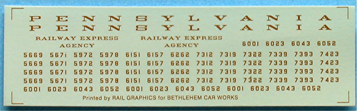 Bethlehem Car Works 214 HO Scale Pennsylvania Baggage Car Bronze Decals