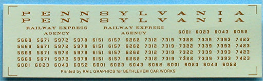 Bethlehem Car Works 214 HO Scale Pennsylvania Baggage Car Bronze Decals