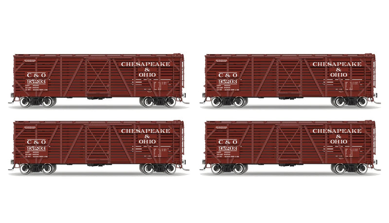 BLI 10721 HO Scale 40' Wood Stock Car Chesapeake & Ohio C&O 4-Pack No-Sound