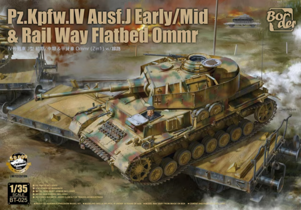 Border Models BT-025 1/35 Pz.Kpfw. IV Ausf J & Railway Flatbed Ommr Model Kit