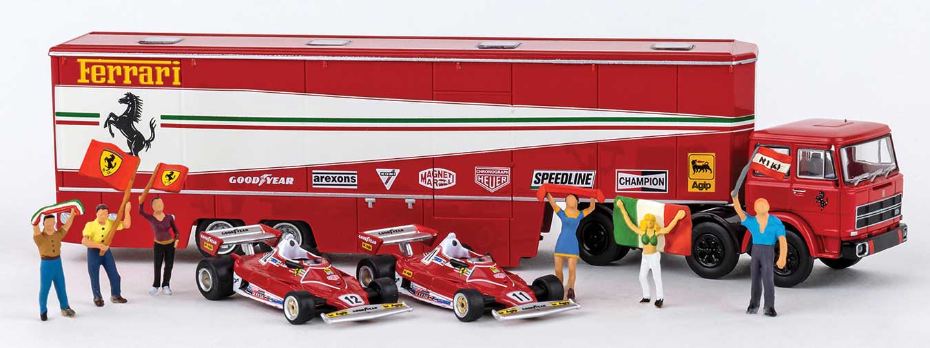 Brekina 58575 HO Scale Fiat Semi Tractor w/Racing Trailer, 2 Ferrari 312T2 &amp; 6 Figures