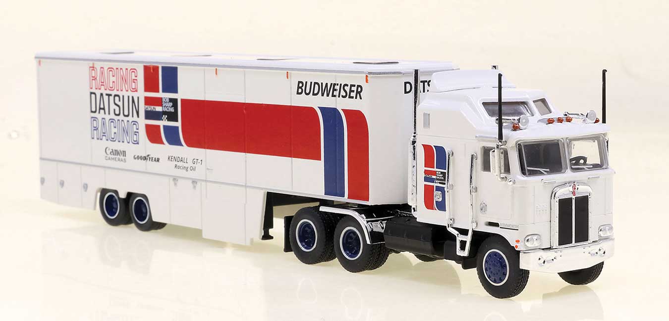 Brekina 85740 HO Scale Kenworth K100 with Race Trailer - Datsun Racing