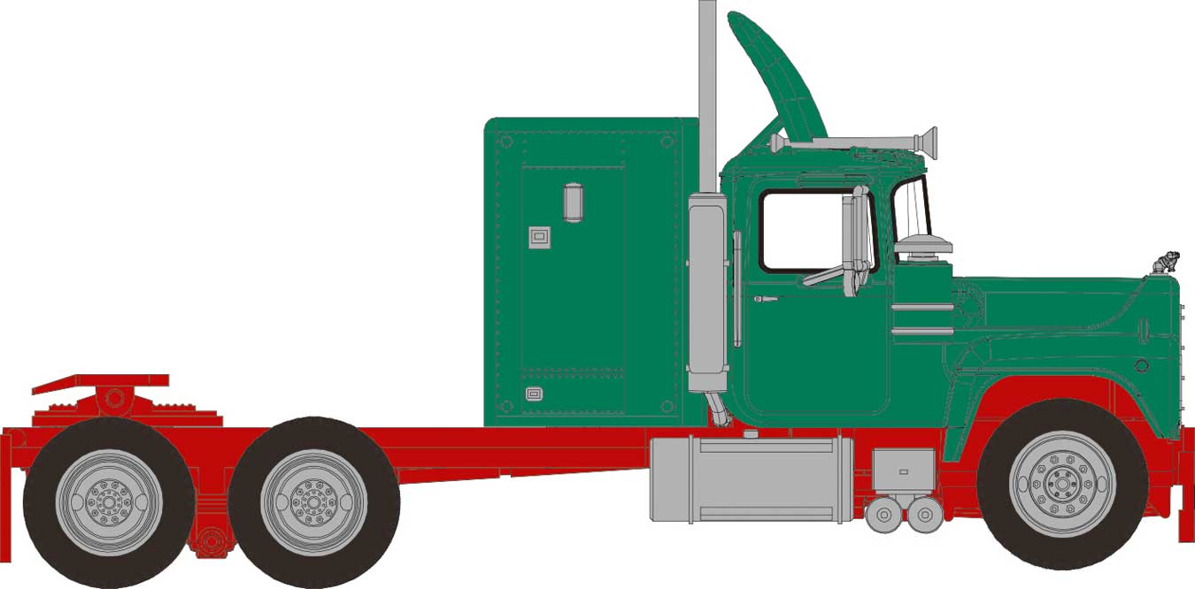 Brekina 85803 HO Scale 1970 Mack RS 700 Sleeper-Cab Semi Tractor - Green & Red