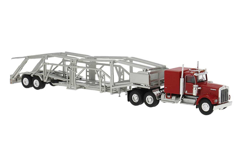 Brekina 86262 HO Scale Kenworth W900 with Auto Carrier Trailer - Red/Silver