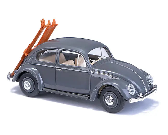 Busch 52965 HO Scale 1955 Volkswagen Beetle with Oval Rear Window - Gray with Ski Rack