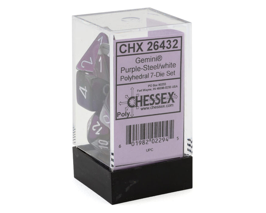 Chessex CHX 26432 Gemini® Purple-Steel/White Polyhedral 7-Die Set