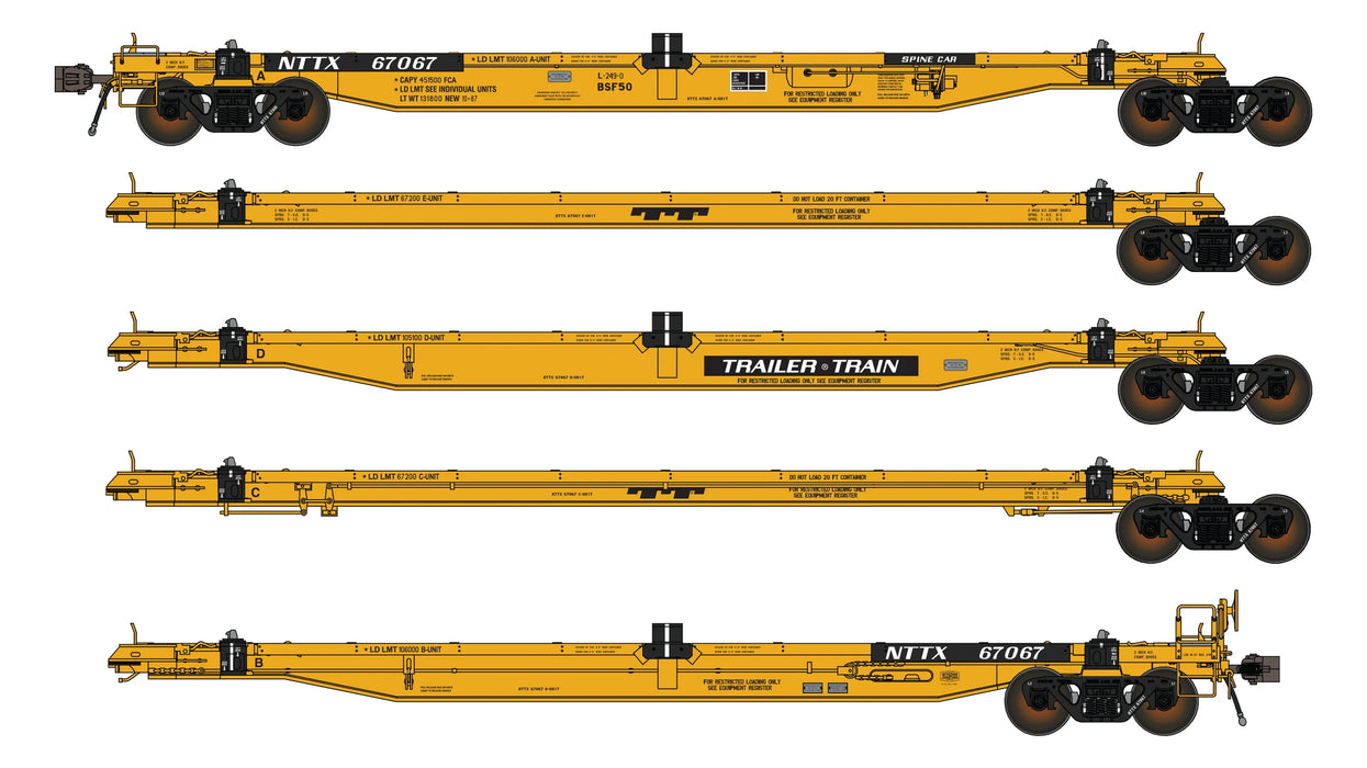 Class One Model Works FC00702 BSF50 COFC 5 Unit Spine Car - NTTX As-Delivered TrailerTrain w/o Anti-Skid