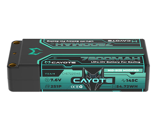 Cayote CYE722S145 7.6V 7200mAh 2S 145C Mid-Size LiHV Battery with 5mm Bullets