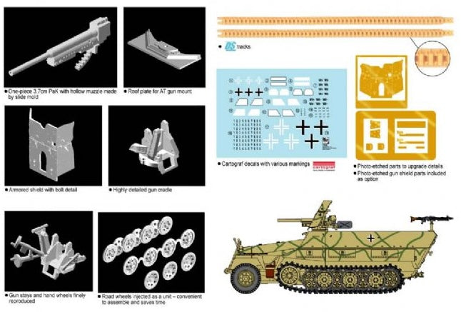 Dragon Models 7280 1/72 Sd.Kfz. 251/10 Ausf. D 3 7cm Pak m. Schützenpanzerwagen/Zugführerwagen Model Tank Kit