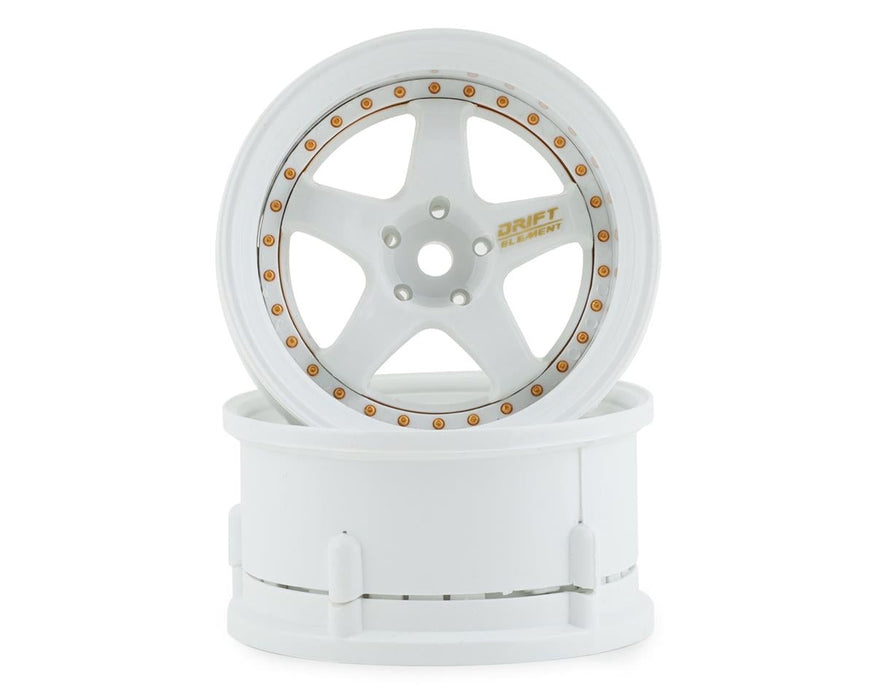 DS Racing DE-004 Triple White with Gold Rivets Drift Element 5 Spoke Drift Wheels (2 Pack)