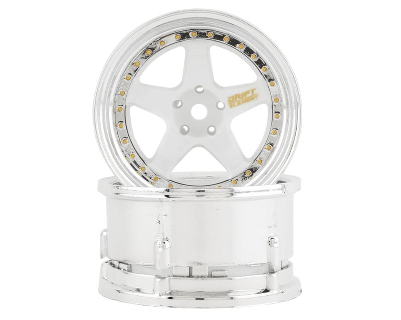 DS Racing DE-011 White & Chrome with Gold Rivets Drift Element 5 Spoke Drift Wheels (2 Pack)